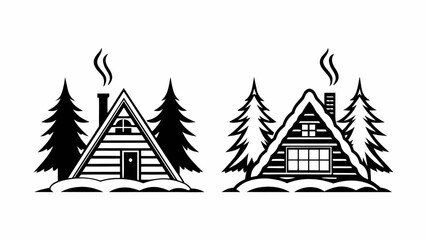 Obraz premium Two a frame cabins with snow and pine trees in a black and white vector illustration design style silhouette