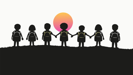 Silhouette of children holding hands with backpacks against a sunset on a grassy hill landscape view