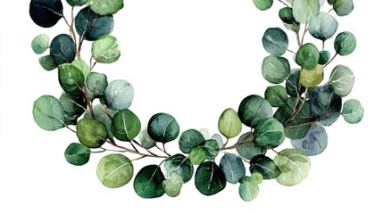 Watercolor Eucalyptus Wreath with Round Green Leaves on White Background. High quality