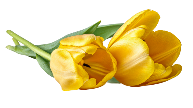 Two vibrant yellow tulips with green stems and leaves on a white background, cut out transparent