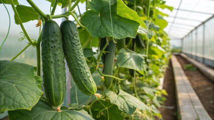 Cucumber hanging tree in greenhouse, Cucumber on tree in natural background