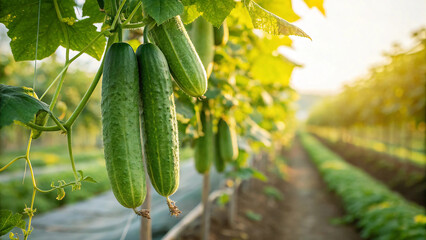 Cucumbers on tree in field, Cucumber on tree in natural warm sunlight background