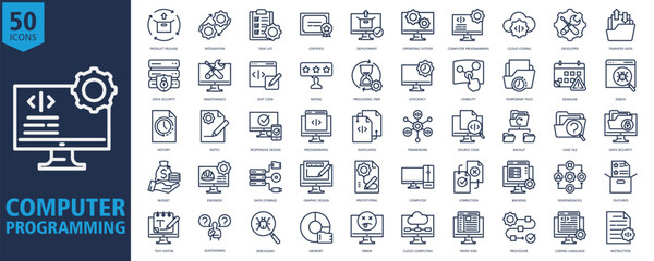 Computer Programming Icon Set Outline with product release, integration, task list, certified, deployment, operating system, computer programming, cloud coding
