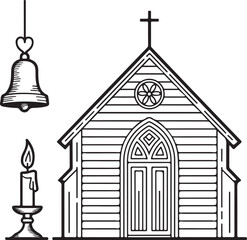 Obraz premium Rustic Chapel & Bell Vintage Outline Icon Collection Side View Church, Hanging Bell, Gothic Arches, Candle, and Rosette Window
