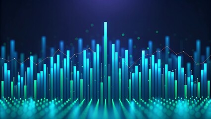 Blue and green bar chart with line graph abstract data visualization