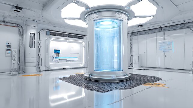 A cryogenic chamber in a futuristic science lab, white background - Powered by Adobe