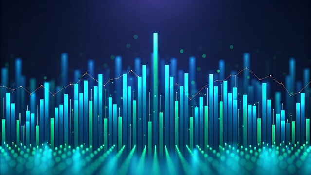 Blue and green bar chart with line graph abstract data visualization