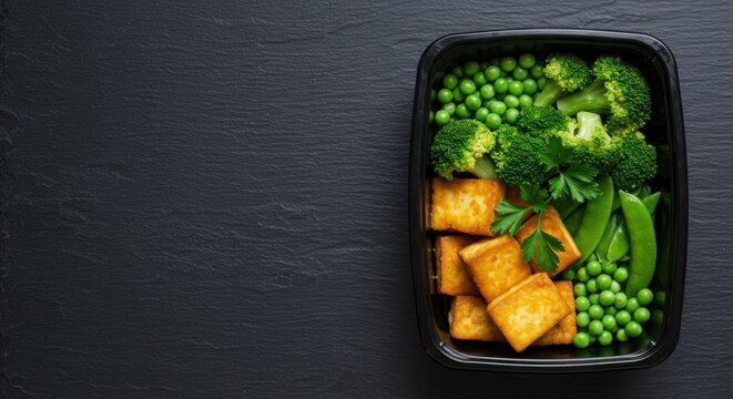 Healthy vegan meal prep with tofu broccoli peas and snap peas in a container - Powered by Adobe