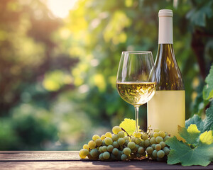 A bottle and glass of white wine are on a wooden table, next to a bunch of grapes. The scene is set in a sunlit vineyard with lush green leaves in the background.