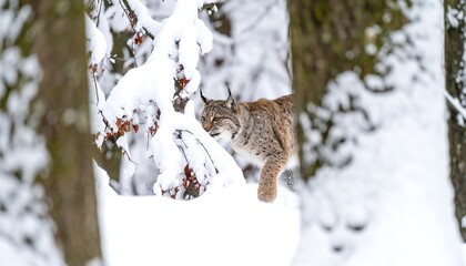 Lynx peers in snowy forest