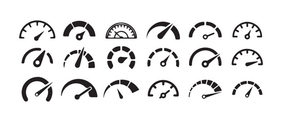 Speed icon signs, Speedometer black icons set, gauge meter, dashboard elements for automotive, speed measurement,  vector illustration eps 10.