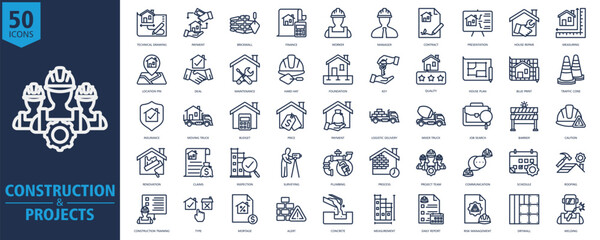 Constructions and Project Icon Set Outline with technical drawing, payment, brick wall, finance, worker, manager, contract, presentation, house repair