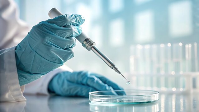 Blue gloved hand using pipette with liquid drop laboratory