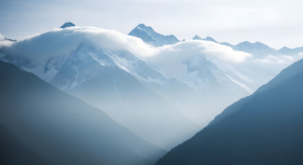 Majestic view of snow-capped mountains with clear skies and dramatic lighting creating a scenic landscape