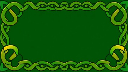 Celtic knot-inspired abstract border, green and gold theme, interwoven pattern, centered area clear
