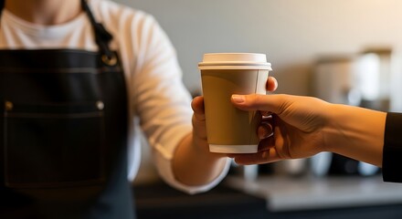 Barista Handing Coffee Cup to Customer, Close Up, Warm Tones, Blurred Background.