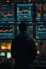 Obraz premium A man stands, back to the camera, in front of a wall of screens displaying financial data and charts. 
