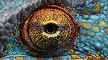 Close-up of a vividly colored reptile eye with intricate patterns and vibrant hues.