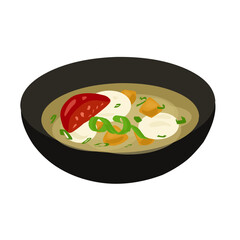 Black bowl of stew with tomato slice, dollops, and green garnish.