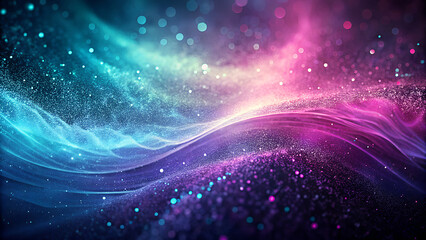 Vibrant cosmic nebula with swirling waves of electric blue and magenta light filled with shimmering particles and digital data streams representing abstract technology and the universe