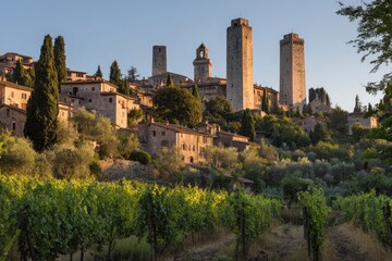 Italian hill town at golden hour, with vineyards
