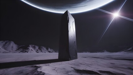 Mysterious monolithic obelisk stands on a desolate alien planet surface under a ringed planet and bright star in a science fiction cosmic landscape