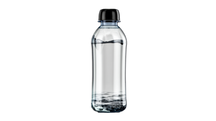 Clear plastic water bottle with black cap filled with water and ripples, cut out transparent