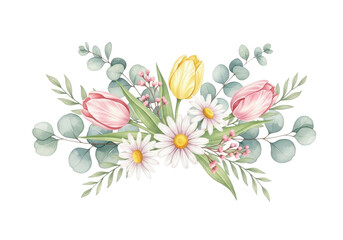 Watercolor Floral Arrangement with Tulips, Daisies, Eucalyptus, Delicate Foliage and Flowers Element on Transparent Background