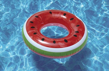 Watermelon-shaped inflatable pool ring on blue water