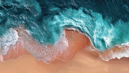 Aerial view of turquoise waves crashing on a pale sand beach