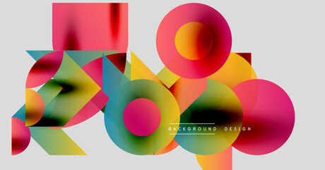 Obraz premium Abstract colorful shapes overlap. Geometric design features vibrant gradients, circles, triangles, rectangles. Modern aesthetic.