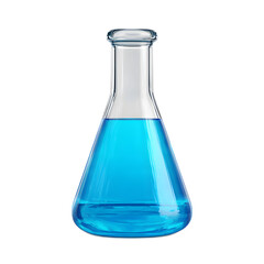 A clear glass laboratory measuring flask with a narrow neck containing a vibrant blue liquid solution