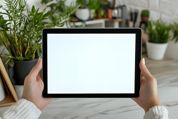 Hand showing a digital tablet blank screen on a work desk.
