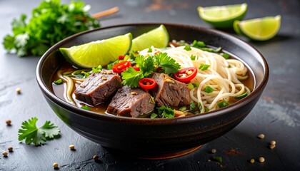 Hearty Bowl of Asian Noodle Soup with Beef and Fresh Lime, Comforting Vietnamese Pho Ready to Be Enjoyed