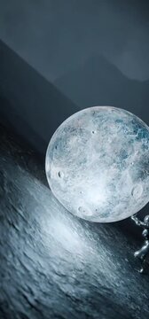 Sisyphus Astronaut
A figure in a spacesuit pushes a moon-like sphere up a steep, dark mountain, evoking the myth of Sisyphus.

