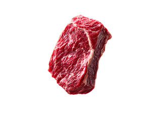 Fototapeta premium Freshly cut raw beef steak with a vibrant red color and marbled texture resting on a clean white surface