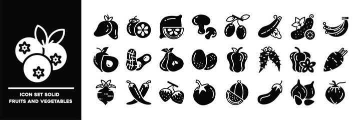 Solid Icon Set of Fruits and Vegetables in Black and White.
