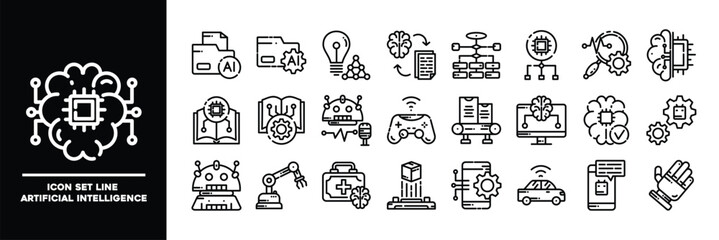 Line Art Icons Highlighting Artificial Intelligence Concepts and Technology.