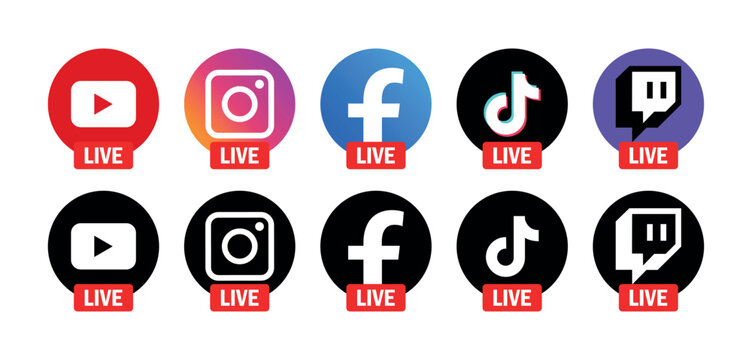 YouTube, Instagram, Facebook, TikTok, Twitch Live Streaming Logo Icons Set in Circle Designs for Social Media and Video Broadcast Apps