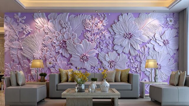 Luxurious living room with a purple floral wall mural