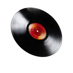 A black vinyl record with a red center label appears to be floating mid air showcasing the classic analog audio format and its enduring appeal