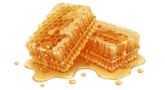 Sweet honeycomb with dripping honey isolated on transparent background