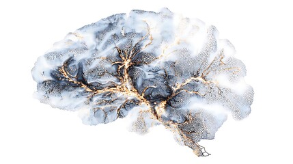 A digital brain made of circuits and data streams on a white background