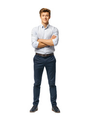 A image of a young confident professional in business attire conveying an air of expertise and competence