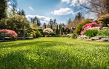 Lush green lawn, garden beds in focus, trees and flowers blurred background