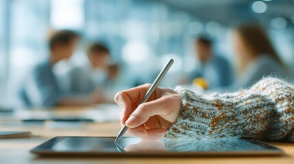 A person is using a stylus on a tablet, surrounded by colleagues in a modern workspace, indicating collaboration and creativity in a professional setting.
