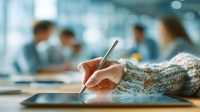 A person is using a stylus on a tablet, surrounded by colleagues in a modern workspace, indicating collaboration and creativity in a professional setting.