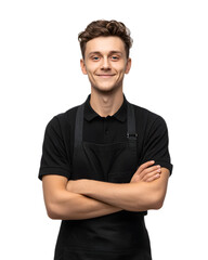 A friendly confident young man in a barista uniform smiling warmly in a front facing portrait