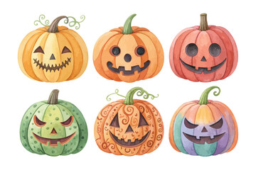 set of watercolor Jack o lantern vector illustration isolated on white background