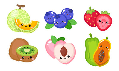 Cute summer fruits collection clipart, melon, blueberry, strawberry, kiwi, peach, and papaya